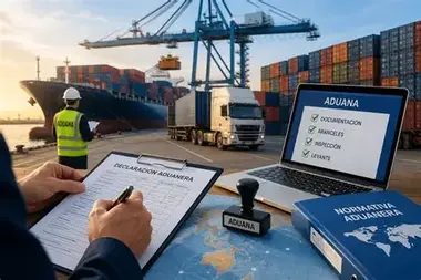 Declaración aduanera con sello y laptop frente a un puerto con contenedores