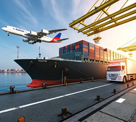 Buque con contenedores, camión y avión en el puerto