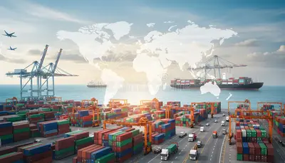 Mapa del mundo sobre un puerto de contenedores